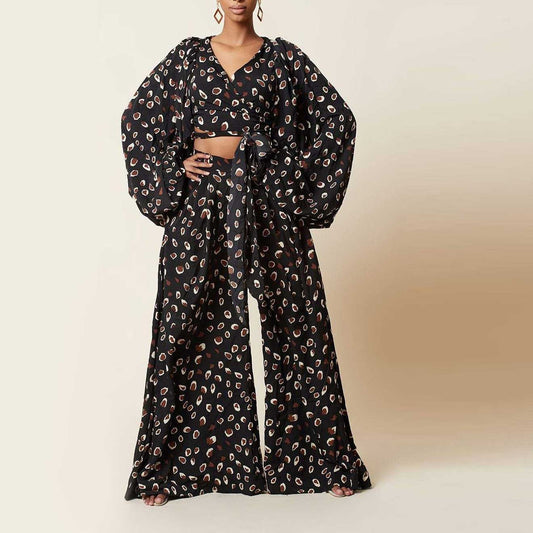 Women's Leopard Print Lace-Up | Wide Leg Pants Set