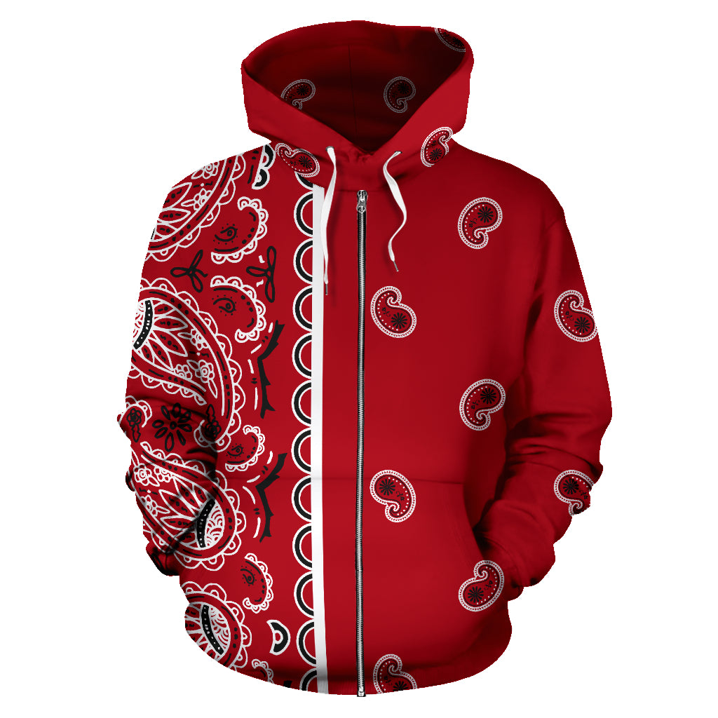 Unisex | Red Bandana Zip Front Hoodie