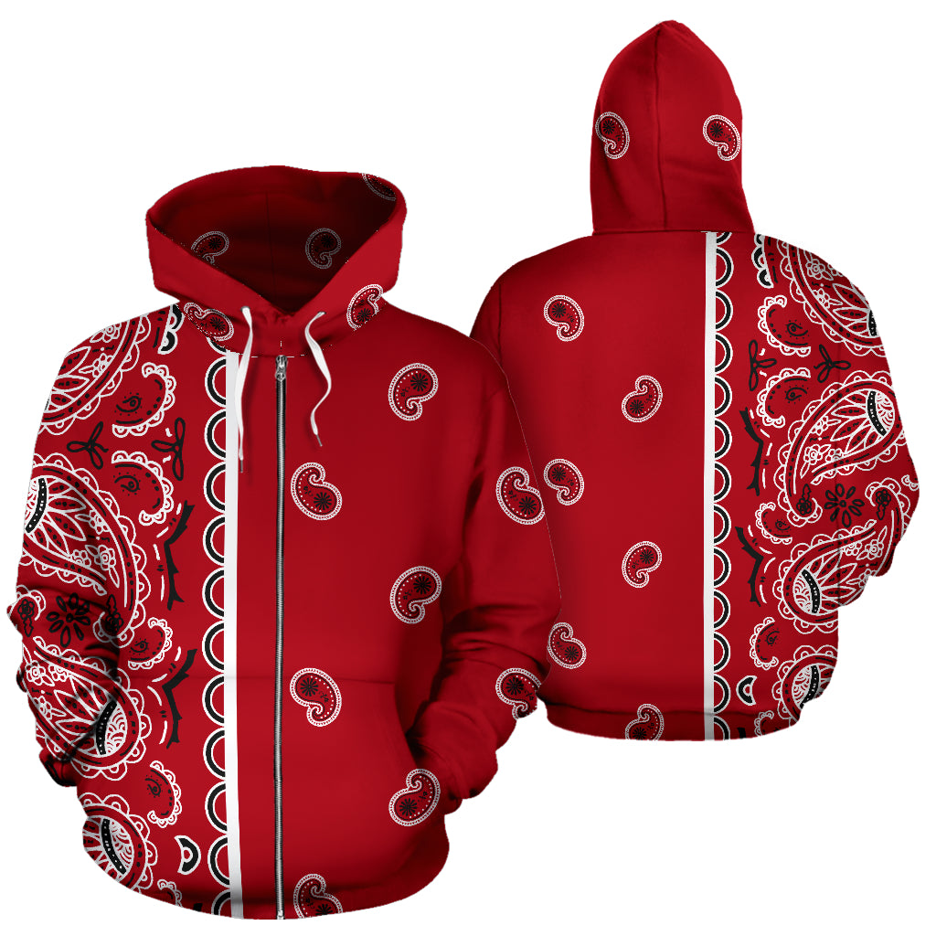 Unisex | Red Bandana Zip Front Hoodie